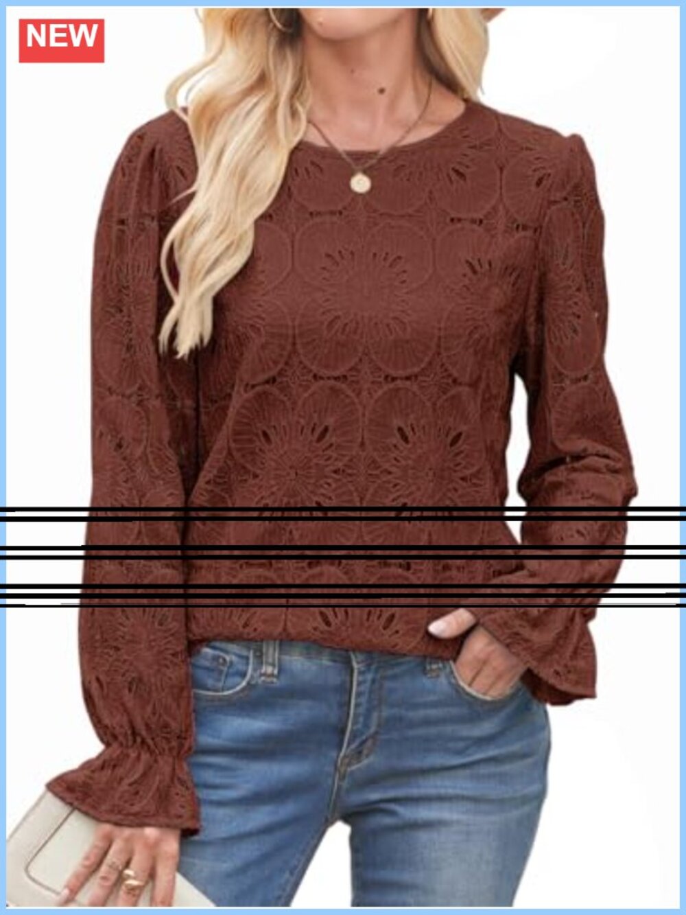 Lace Eyelet Blouse Puff Long Sleeve Dressy Top